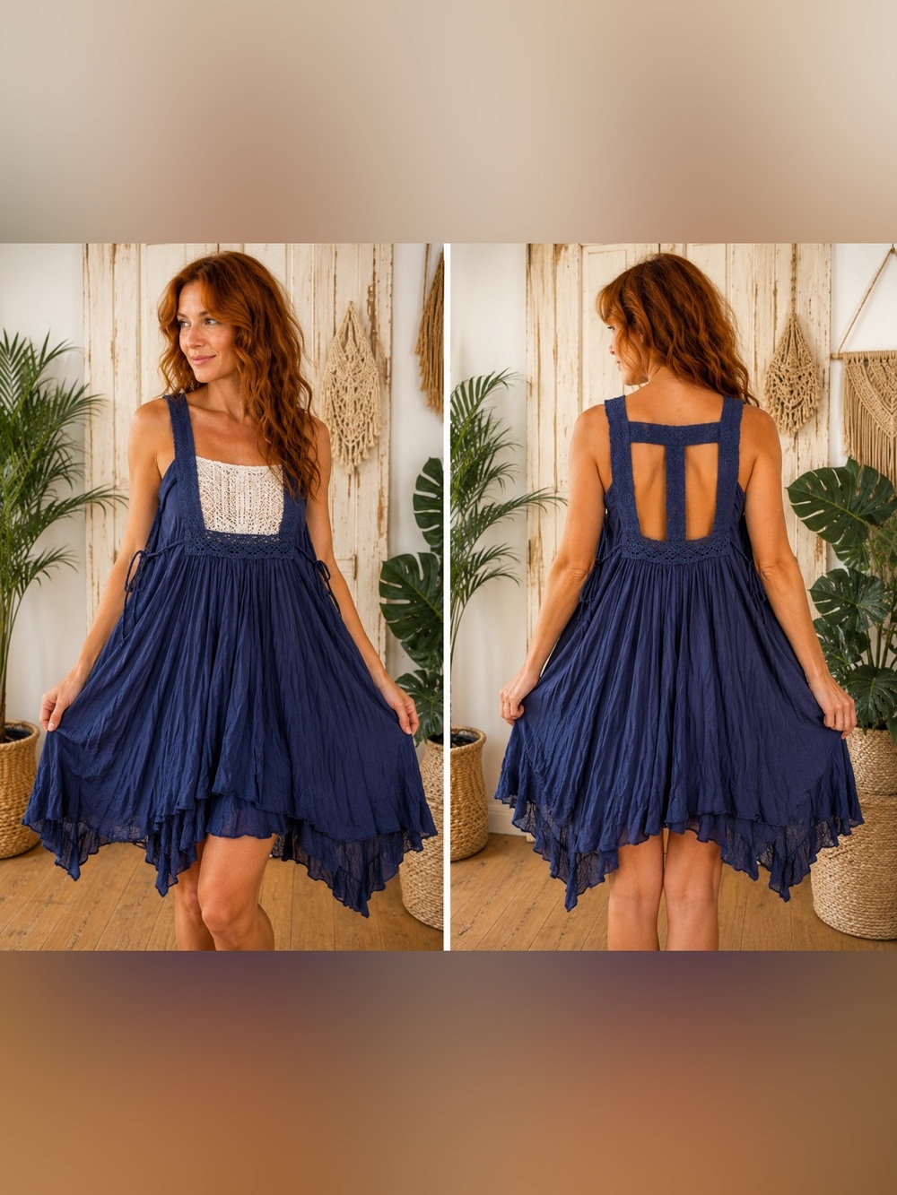 M - ALTAR’D STATE - Boho Square Neck Navy Tunic/Sundress with Crochet Panel